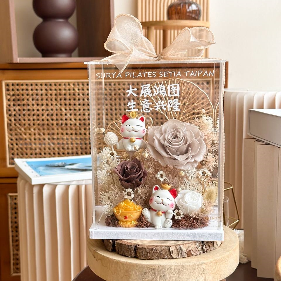 Fortune Cat Preserved Flower Acrylic box l Grand Opening Flower Gift l